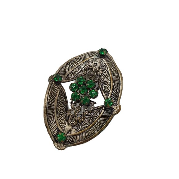 Vintage Czech 1920s Stamped Brass Green Glass Brooch With Art Deco Design - Picture 2 of 5
